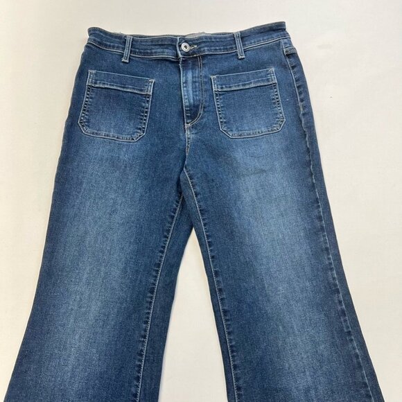 Falls Creek Womens Flare Jeans Blue Stretch Patch Packets Stone Wash Mid Rise 8 - Picture 2 of 10